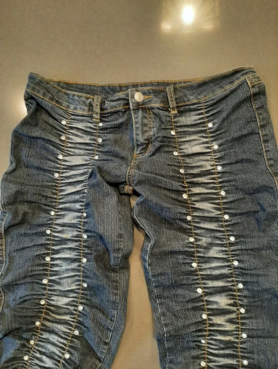 Y2K Ruched Stacked Jeans Rhinestone Studded Denim XL G.W. Maxx Neo Classic - Picture 2 of 12